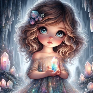 Può includere: Illustrazione digitale di una giovane ragazza con grandi occhi blu e capelli castani ricci. Indossa un abito scintillante con spalle scoperte e tiene in mano un cristallo multicolore luminoso. Lo sfondo presenta una grotta con formazioni cristalline.