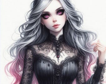 PInk and Black Gothic Girl Watercolor Clipart: (10 JPG Files!
