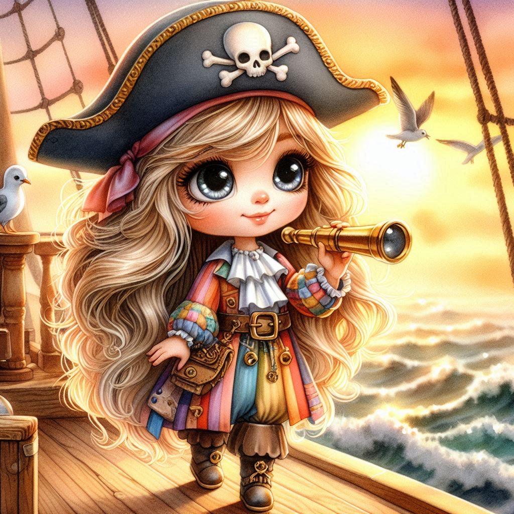 Pretty Pirate Girl Watercolor Clipart: Pirate Ship Scene (13 JPG Files ...