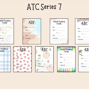 May include: A collection of ten artist trading cards (ATCs) with various decorative backgrounds. The cards are rectangular with space for title, name, and contact information. The text "ATC Series 7" is at the top.