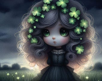 Glowing Shamrock Girl Watercolor Clipart: Enchanted Field Scene (10 JPG Files)