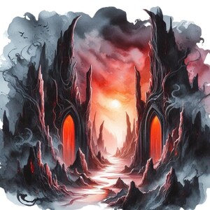 Könnte beinhalten: Eine digitale Illustration einer dunklen, zerklüfteten Berglandschaft mit zwei hoch aufragenden, spitzen Felsformationen, die leuchtend rote Torbögen aufweisen. Eine helle, dunstige Sonne steht am feuerroten und grauen Himmel.