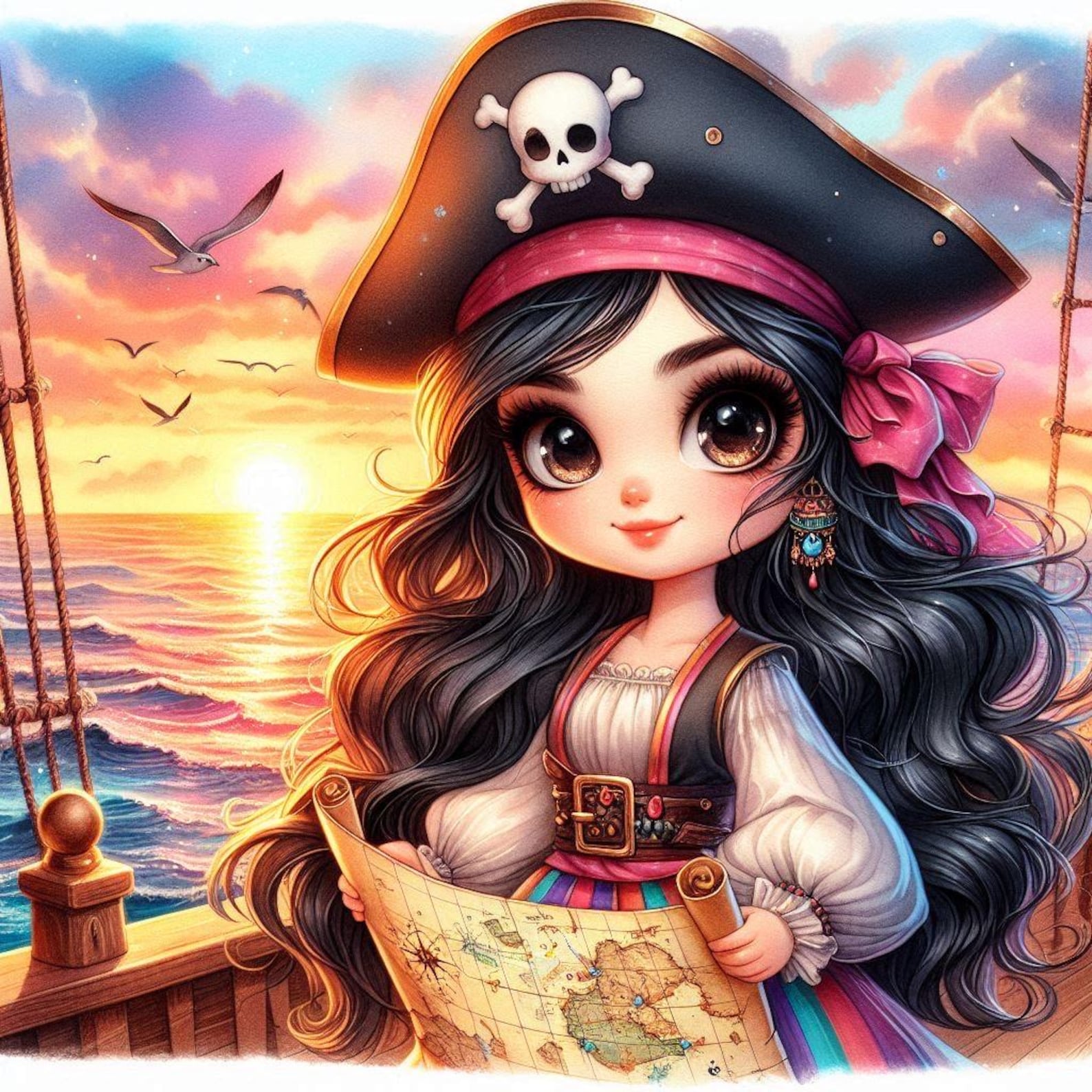 Pretty Pirate Girl Watercolor Clipart: Pirate Ship Scene (13 JPG Files ...