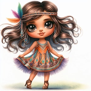 May include: A digital illustration of a doll-like figure with large eyes and long brown hair. The figure wears a colorful dress with a fringed hem and a beaded headband. Accessories include earrings and a feather in the hair. The doll is standing with arms outstretched.