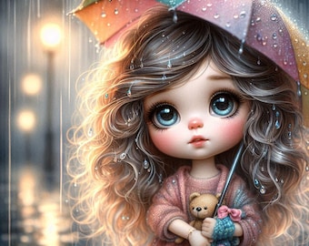 Rainy Day Girl Watercolor Clipart: City Night Scene, Umbrella (10 JPG Files)