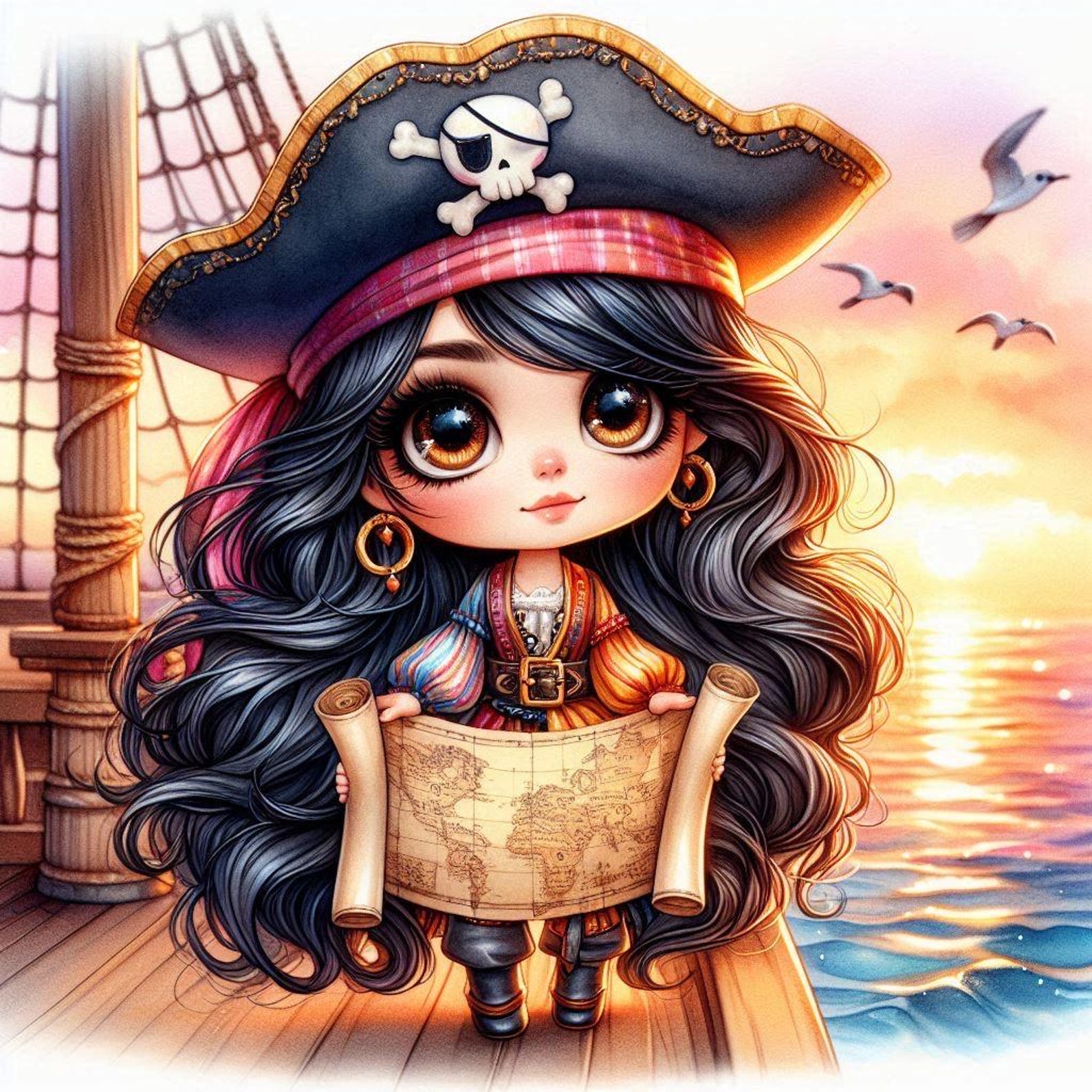 Pretty Pirate Girl Watercolor Clipart: Pirate Ship Scene (13 JPG Files ...