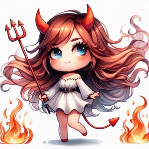 May include: A cartoon illustration of a devil character with red horns, a red trident, and a red tail. The character has long brown hair, blue eyes, and is wearing a white dress with a black belt. Flames are depicted on either side of the character.