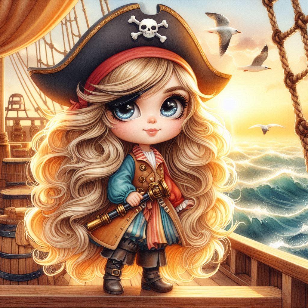 Pretty Pirate Girl Watercolor Clipart: Pirate Ship Scene (13 JPG Files ...