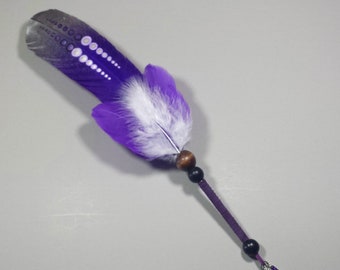 Hand Painted Purple Turkey Feather Sacred Sage Smudge Fan w/ Wood & Leather Trim, SF121