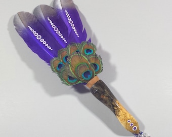 Hand Painted Purple Turkey Feather Sacred Sage Smudge Fan w/ Wood Handle, SF108