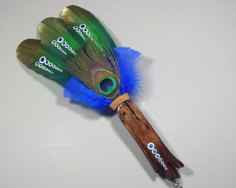 Hand Painted Green Turkey Feather Sacred Sage Smudge Fan w/ Wood Handle, SF111