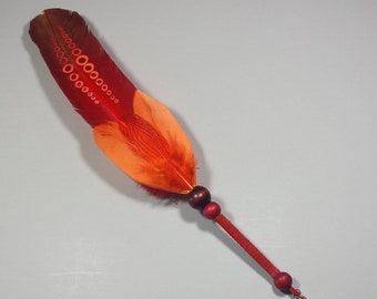 Hand Painted Red Turkey Feather Sacred Sage Smudge Fan w/ Wood & Leather Trim, SF113