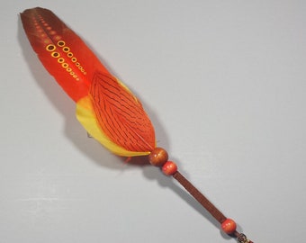 Hand Painted Orange Turkey Feather Sacred Sage Smudge Fan w/ Wood & Leather Trim, SF112