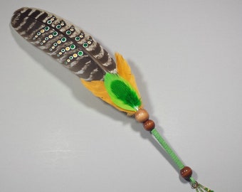 Hand Painted Turkey Wing Feather Sacred Sage Smudge Fan w/ Wood & Leather Trim, SF115