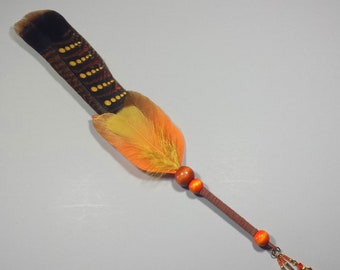 Hand Painted Turkey Tail Feather Sacred Sage Smudge Fan w/ Wood & Leather Trim, SF119