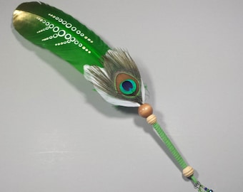 Hand Painted Green Turkey Feather Sacred Sage Smudge Fan w/ Wood & Leather Trim, SF120