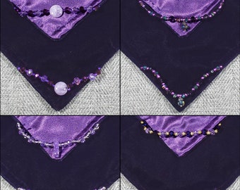 Altar Table Cloth, 19" to 22", Reversible Dark Purple Velvet & Purple Satin w/ Czech Beads, Table Topper for Tarot Readings or Sacred Space