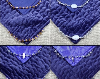 Altar Cloth, 25" to 28", Handmade Reversible Blue Cobbled Velvet & Satin w/ Czech Beads, Table Topper for Tarot Readings or Sacred Space