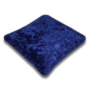 May include: A deep blue velvet throw pillow with a soft, plush texture.