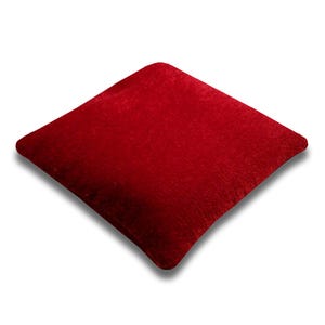 May include: A red velvet throw pillow with a square shape.