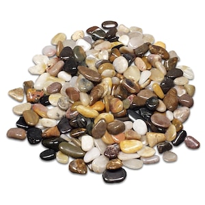 May include: A pile of polished river rocks in various colors, including white, black, brown, tan, and yellow. The smooth stones vary in size and shape, suitable for decorative purposes or landscaping.