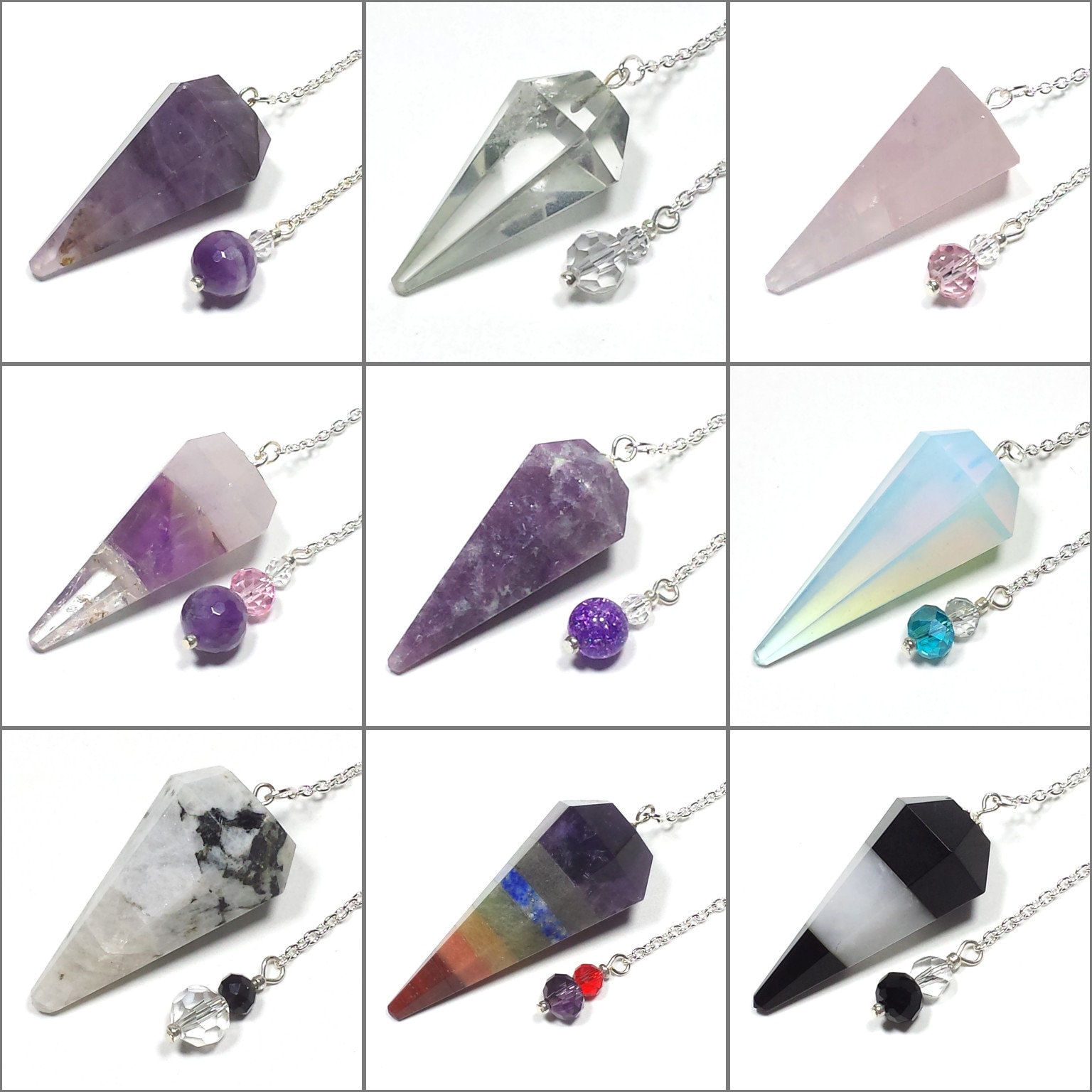 Faceted Point Crystal Pendulums with Czech Glass Finger Grips, Choose…