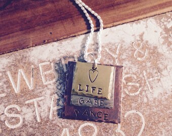 Square necklace - jewelry for Mom- handstamped charm necklace with heart- childrens name necklace - personalized kids name