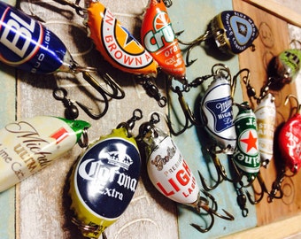 6 pack beer caps - fishing lures - groomsman gifts - recycled - fishing hooks-bottle cap-Guy fishing gift-Beer lover - Outdoorsman