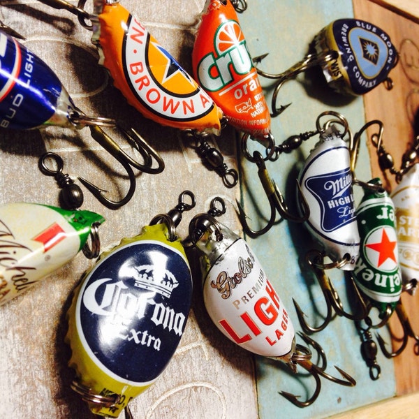 6 pack beer caps - fishing lures - groomsman gifts - recycled - fishing hooks-bottle cap-Guy fishing gift-Beer lover - Outdoorsman