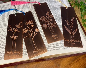 Custom Copper February Violet Birth Flower Bookmarks | Personalized Engraved Floral Bookmark with Tassel