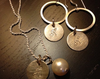 Custom Initial Sterling Silver Jewelry Set: Hand Stamped Necklace & Earrings