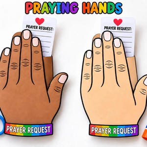 Puede incluir: Dos recortes de papel de manos en diferentes tonos de piel, cada uno con una pulsera de arcoíris con el texto PRAYER REQUEST y una ranura que sostiene una tarjeta blanca etiquetada PRAYER REQUEST con un corazón rojo. Tijeras azules y pegamento.