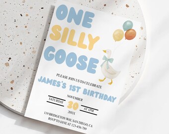 Silly Goose 1st Birthday Invitation: Blue Goose Party (PDF Template)