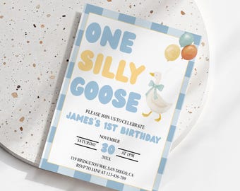 Silly Goose 1st Birthday Invitation: Blue Gingham, Canva Template