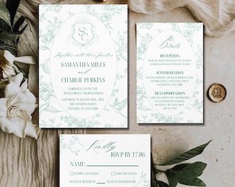 Sage Green Floral Wedding Invitation Suite: Elegant Canva Template (Digital Download)