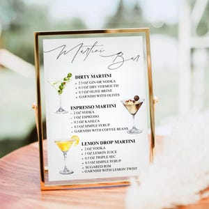 Martini Bar Sign, Printable Signature Cocktail Drink Sign, Wedding Bar Cocktail Menu Sign, Editable Martini Bar Menu Sign, Canva Template