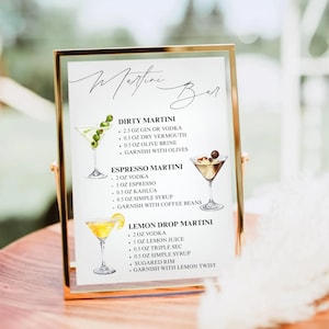 Martini Bar Sign, Martini Bar Menu Sign, Signature Cocktail Drink Sign, Martini Cocktail Menu Sign, Printable Cocktail Drink Recipe Sign