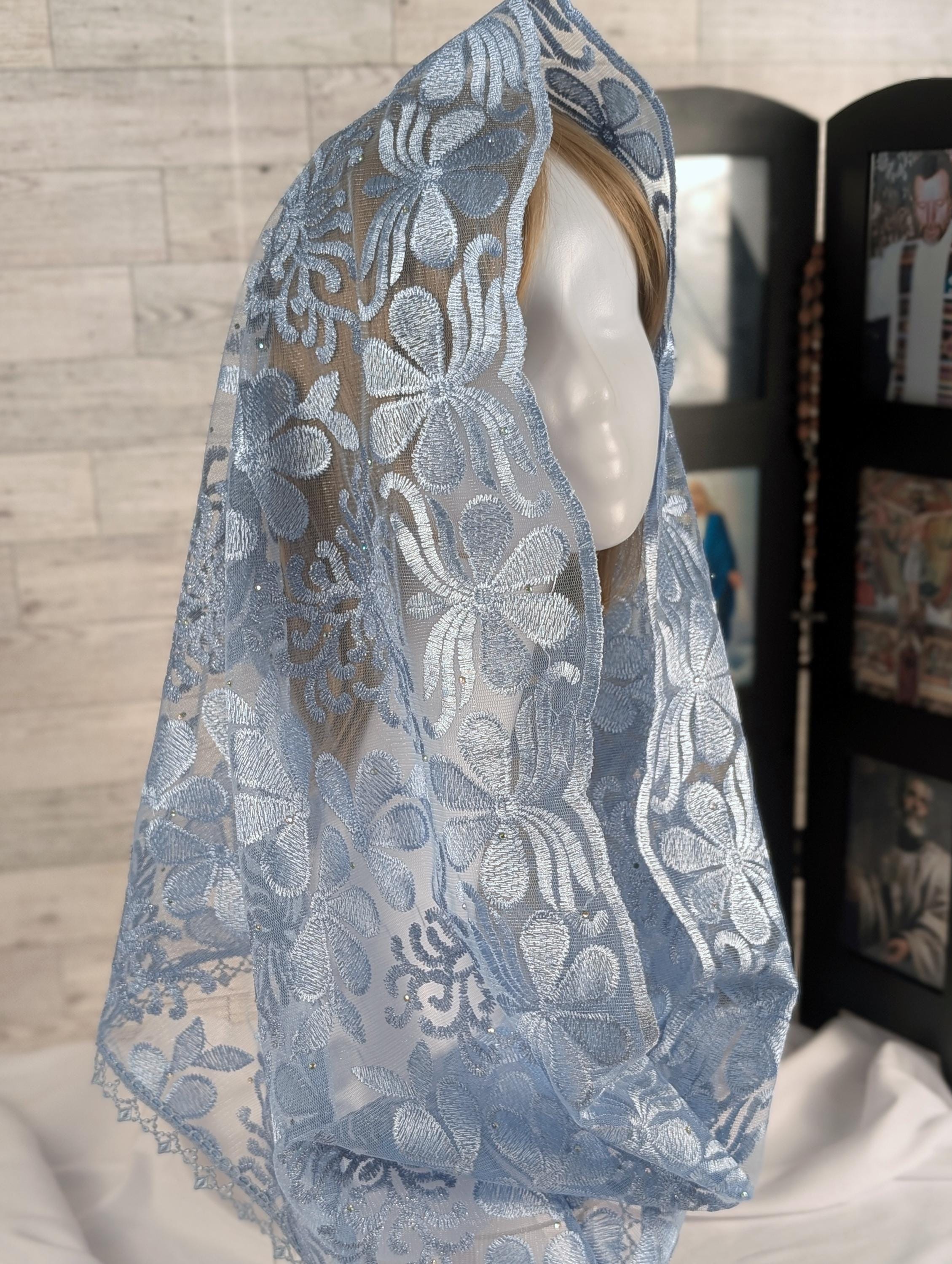 Light Blue Embroidered Mesh Lace Floral Lace Infinity Chapel Veil/Mantilla