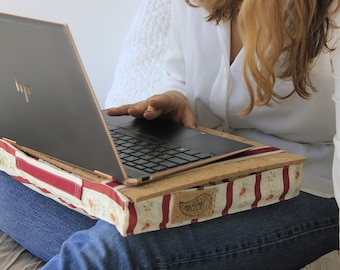 Sofa tray table, unique gift for wife, Cork board and cotton lap desk for laptops, floral burgundy chintz, Portuguese chita