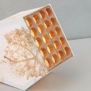 May include: A white geometric lamp with a wood panel featuring a grid of round holes. The wood panel is illuminated from behind, creating a warm glow.