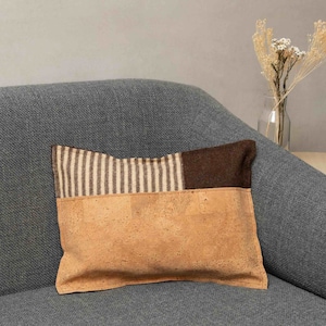 Handmade Cork & Burel throw pillow cover. Portuguese handmade cushion in cork fabric and brown striped boiled wool.
