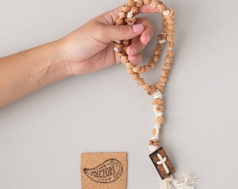 Cork beads Rosary inspired by JMJ / GMD Lisbon 2023. Praying for our Mother Earth. Eco-friendly Portuguese religious gift with offwhite cord