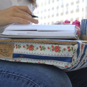 Lapdesk pillow, Christmas gifts for mom, laptop tray w/ cork board & organic filling, Portuguese traditional blue chita, floral chintz