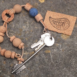 Handcrafted cork key chain with cork beads & cork cord. Portuguese Eco-friendly gift. Unique beaded cork key chain.
