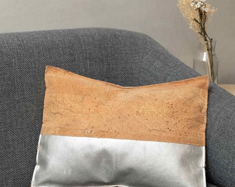 Silver cork fabric throw pillow cover. Portuguese handmade decorative cushion case. Cork leather rectangle pillow. Sustainable life style.