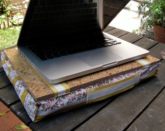 Laptop stand in cork & chita. Home office gift idea, lap table pillow, yellow floral traditional Portuguese fabric, cork top + filling