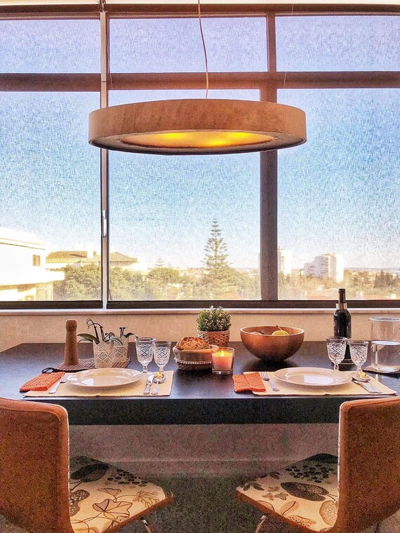 Ceiling chandelier w/ minimalist design, Hanging Dining lamp w/ Natural / Sustainable materials, Geometric plywood & boil wool pendant light