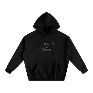 May include: Black hooded sweatshirt with a kangaroo pocket. The front displays the text "Welker & Basilisk" in a gothic font, alongside a dragon and claw graphic in gold.