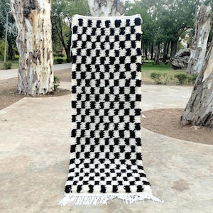 Black and white Checkered Rug Runner ,Custom Checkerboard Rug for Living Room ,Hand-knotted Checkered area Rug ,Soft Black and White Runner