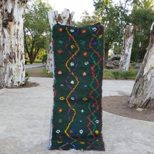 Emerald Green Moroccan Runner Rug: Handwoven Wool Oushak Rug